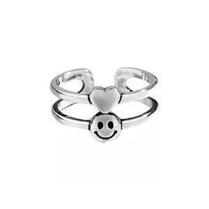 Happy Face & Heart 925 Sterling Silver Ring