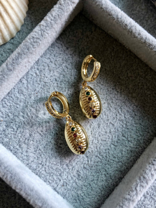 Zircon and Cowrie shell Huggie Earrings